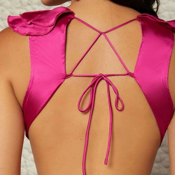 Hot Pink Preppy Womens Plunging Buckle Detail Ruffle Trim Lace Up Backless Dress - Picture 2 of 4